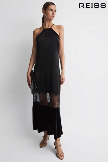 Reiss Black Janelle Fitted Silk-Velvet Midi Dress (227668) | £268