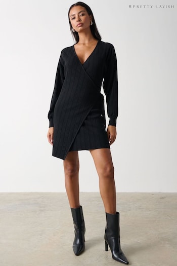 Pretty Lavish Black Shelby Mini Plisse Knit Wrap Dress (227939) | £58