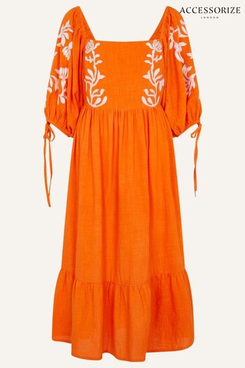 Accessorize Orange Ornamental Print Embroidered Puff Sleeve Midi Dress Chino (228036) | £60