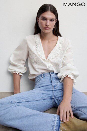 Mango Embroidered Puff Sleeve White Blouse (229044) | £46