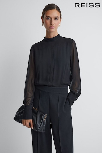 Reiss Black Magda Sheer Fitted Jumpsuit (230348) | £238