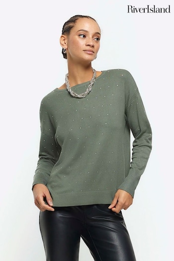 River Island Green Diamante Sweat Top (230407) | £35