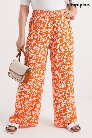 Simply Be Orange Floral Lightweight Shirred Waist Wide Leg Trousers (230496) | £24