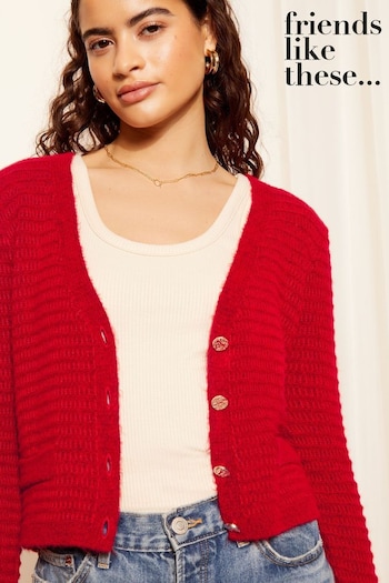 Tops, T Shirts & Polos Red Petite Textured V Neck Knitted Cardigan (230635) | £40
