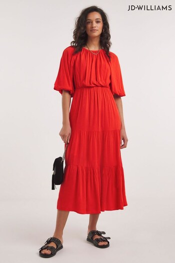 JD Williams Tomato Red Crinkle Tiered Smock Dress With Puff Sleeve (230649) | £40