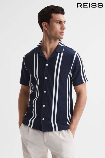 Reiss Navy/White Castle Ribbed Striped Cuban Collar Shirt (230742) | £88