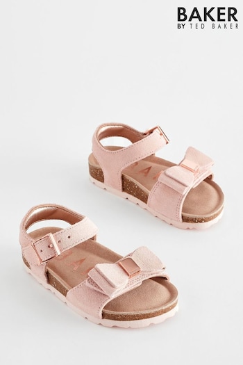 Baker by Ted Baker Girls Pink Suede Footbed Sandals Superdry with Bow (230842) | £36