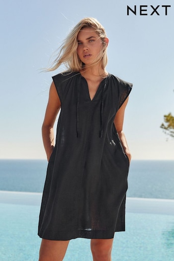 Black Linen Blend Tie Neck Mini Summer Dress (232485) | £25