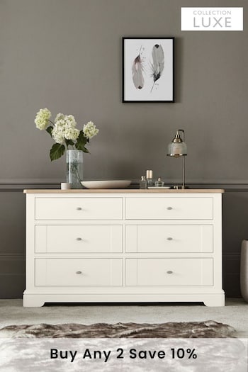 Chalk White Hampton Painted Oak Collection Luxe 6 Drawer Wide Chest of Drawers (232804) | £925