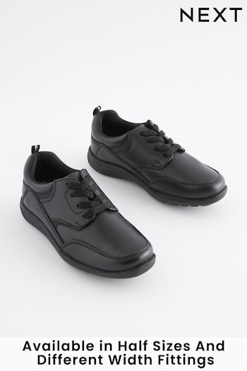 Black Narrow Fit (E) School Leather Lace-Up Shoes Print (233606) | £28 - £39