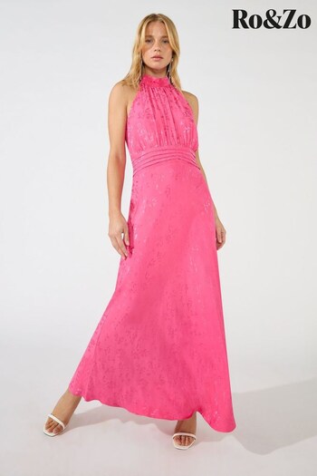 Ro&Zo - Pink Jacquard High Neck Keyhole Midi Dress (233658) | £159