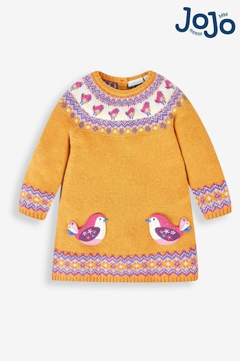 JoJo Maman Bébé Mustard Yellow Bird Girls' Fair Isle Knitted Dress (233872) | £24