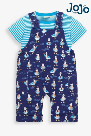 JoJo Maman Bébé Denim Blue 2-Piece Blue Sailor Seagull Print Baby Dungarees Set (237362) | £26