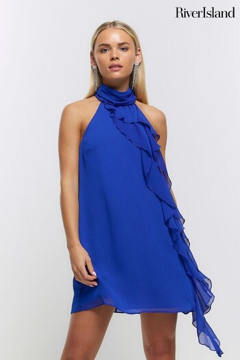 River Island Blue Petite Halter Frill Mini Dress (237760) | £45