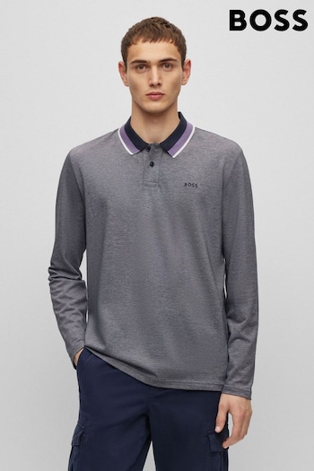 BOSS Grey Oxford Pique Long Sleeve Polo contrasto Shirt (238530) | £99
