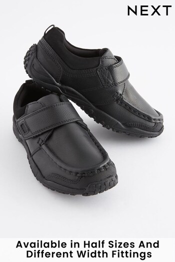 Black Extra Wide Fit (H) School Leather Single Strap Shoes (238569) | £28 - £36