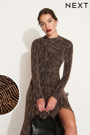 Gold Sparkle Long Sleeved Ruched Midi Dress (238772) | £35