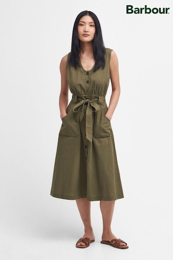 Barbour® Khaki Green Rutherglen Linen Mix Belted Midi Dress HIIT (239093) | £100