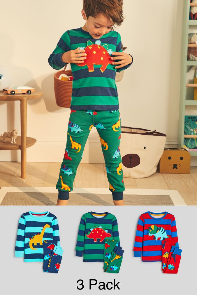 Blue/Red/Green Stripe Dino 3 Pack Snuggle Pyjamas (9mths-12yrs) (239511) | £27 - £33