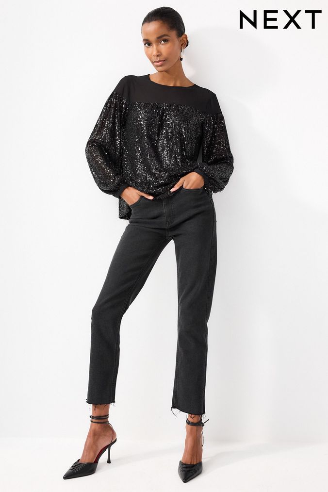 Black Long Sleeve Sequin Party Top (239823) | £40