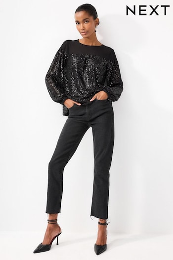 Black Long Sleeve Sequin Sparkle Top (239823) | £40