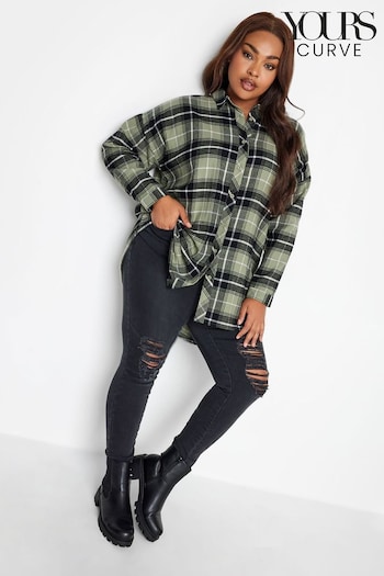Yours Curve Green Brushed Check Oversized Boyfriend Shirt (240297) | £28