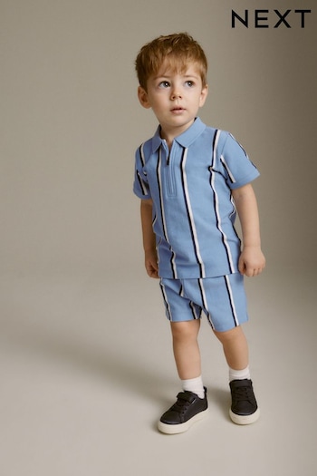 Blue Vertical Stripe 2pc Zip Polo Shirt and Shorts Set (3mths-7yrs) (240599) | £14 - £18
