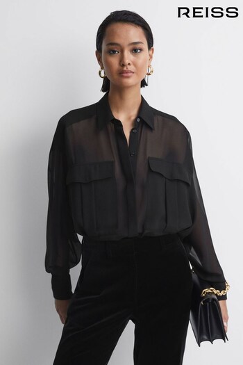 Reiss Black Adaline Oversized Sheer Button-Through Shirt (241202) | £138