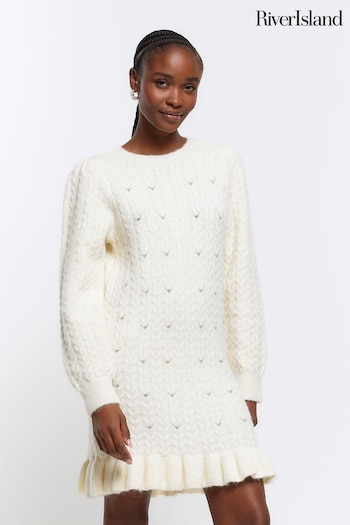 River Island Cream Embellished Cable Knit Dress (242596) | £55