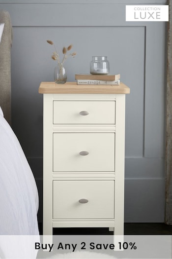 Chalk White Hampton Country Collection Luxe Painted Oak 3 Drawer Slim Bedside Table (242731) | £325