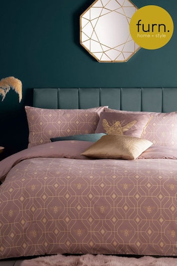 furn. Blush Pink Bee Deco Geometric Reversible Duvet Cover and Pillowcase Set (243187) | £16 - £34