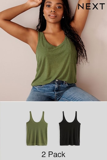 Black/ Khaki Green Strappy Scoop Neck Slouch Ribbed Vest 2 Pack (244089) | £22