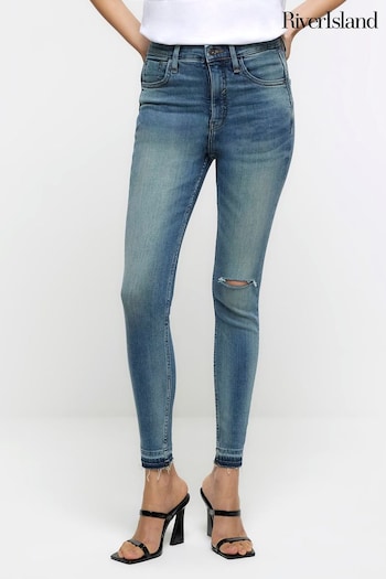 River Island Blue High Rise Tummy Hold Supper Skinny Ripped  Jeans (244299) | £48