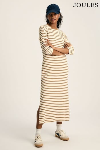 Joules Cleo Tan Brown Striped Long Sleeve Jersey Midi Dress (245334) | £49.95