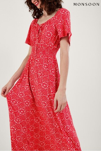 Monsoon Red Sainy Geometric Print Dress (246318) | £80