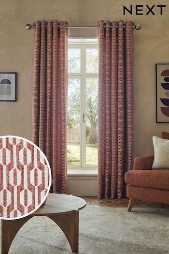 Orange/Neutral Woven Geometric Eyelet Lined Curtains (246400) | £80 - £180