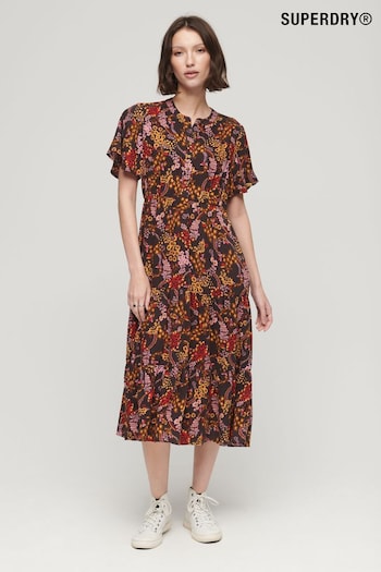 Superdry Brown Printed Tiered Midi Dress (246769) | £60