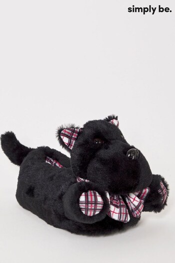 Simply Be Black Scotty Dog Novelty Slippers In Wide Fit (247680) | £22
