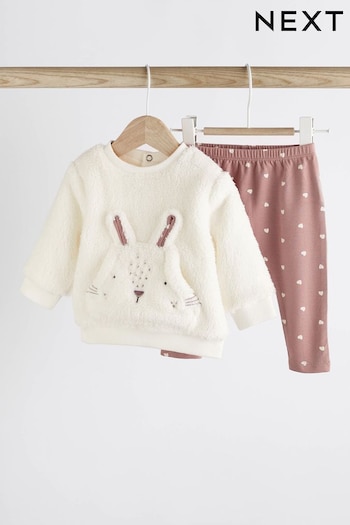White/Pink Bunny Cosy Fleece Baby Jumper and Leggings 2 Piece Set (247742) | £14 - £16