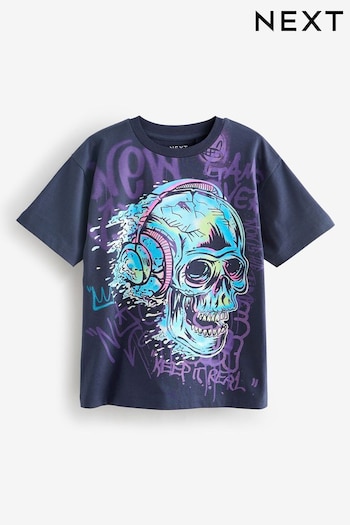 Navy Blue Graffiti Skull Relaxed Fit Short Sleeve Graphic T-Shirt (3-16yrs) (247972) | £7 - £10