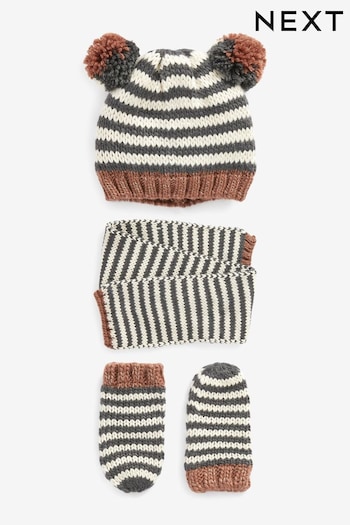 Neutral Stripe Pom Hat, Mitts And Scarf 3 Piece Set (3mths-6yrs) (248230) | £16 - £17