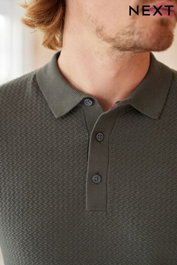 Khaki Green Regular Long Sleeve Mini Textured Knitted Polo Jumper (248741) | £32