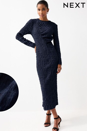Navy Blue Long Sleeve Ruched Detail Textured Midi Dress (249172) | £35