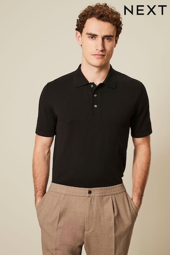 Black Regular Fit Knitted Short Sleeve Polo Shirt (249536) | £24