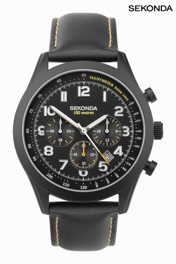 Sekonda Mens Navigator Leather Strap Dual Time Black Watch (249551) | £80