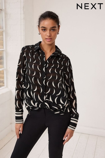 Black and White Moon Print Twist Front Long Sleeve Sheer Textured Blouse (249561) | £28