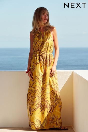Ochre Yellow Leaf Print Strappy Maxi Summer Dress (250380) | £36