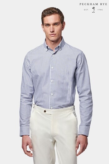 Peckham Rye Blue Textured Dobby Striped Long Sleeve Shirt (250459) | £75