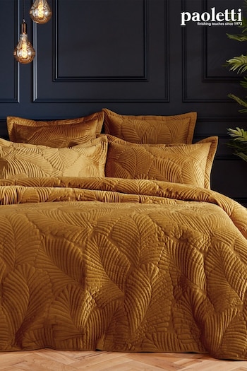Paoletti Gold Palmeria Quilted Velvet Duvet Cover and Oxford Border Pillowcase Set (251562) | £59 - £109
