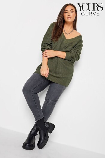 Yours Curve Green Double V-Neck Jumper (251768) | £22
